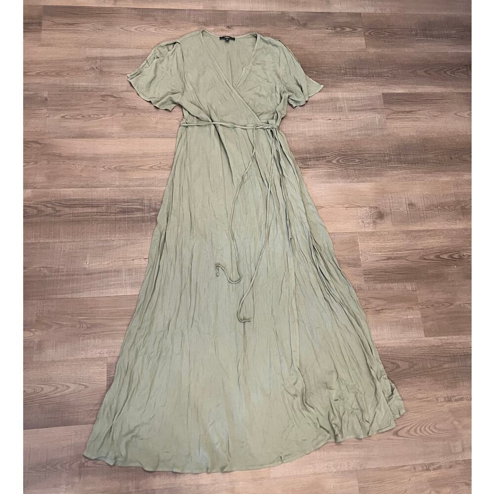 Lulus Green Flutter Sleeve Wrap Dress